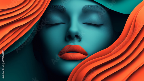 A digitally rendered portrait of a person with teal skin and bright orange flowing textures surrounding the face. The bold, smooth lips and closed eyes create a surreal and futuristic aesthetic. photo