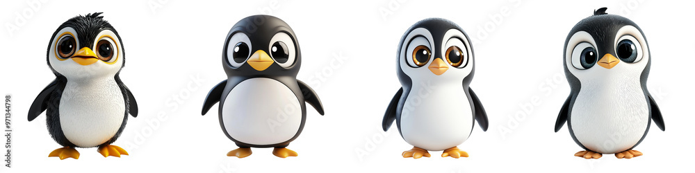 Obraz premium Charming cartoon penguins in different poses, perfect for children's illustrations and playful designs.