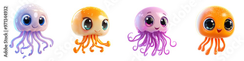 Colorful and cute cartoon jellyfish with expressive faces, perfect for children's projects or aquatic-themed designs. photo