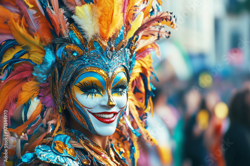 Smiling Woman in Colorful Feathered Carnival Costume Enjoying Festive Parade Outdoors photo