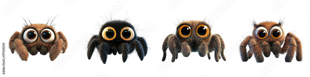 Cute animated spiders with large eyes in various colors, perfect for children's themes, Halloween, or educational content. Cute animated spiders with large eyes in various colors, perfect for children's themes, Halloween, or educational content.
