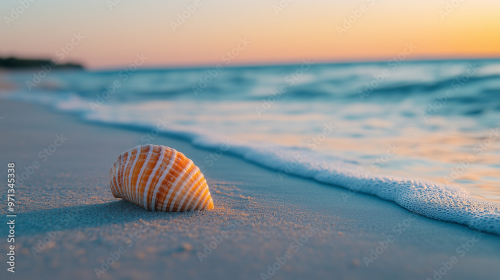 Obraz premium A close-up of a seashell lying on the sand of a quiet beach during sunrise. The soft, golden sunlight casts a warm glow, while gentle ocean waves roll in the background, creating a serene coastal atmo