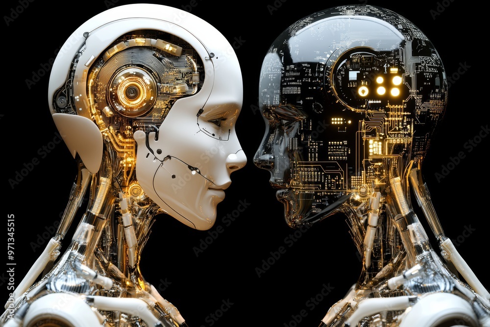 Artificial intelligence bionic limb algorithmic bias digital twins and machine vision two humanoid robots facing each other representing the evolution of ai interaction Artificial intelligence bionic limb algorithmic bias digital twins and machine vision two humanoid robots facing each other representing the evolution of ai interaction