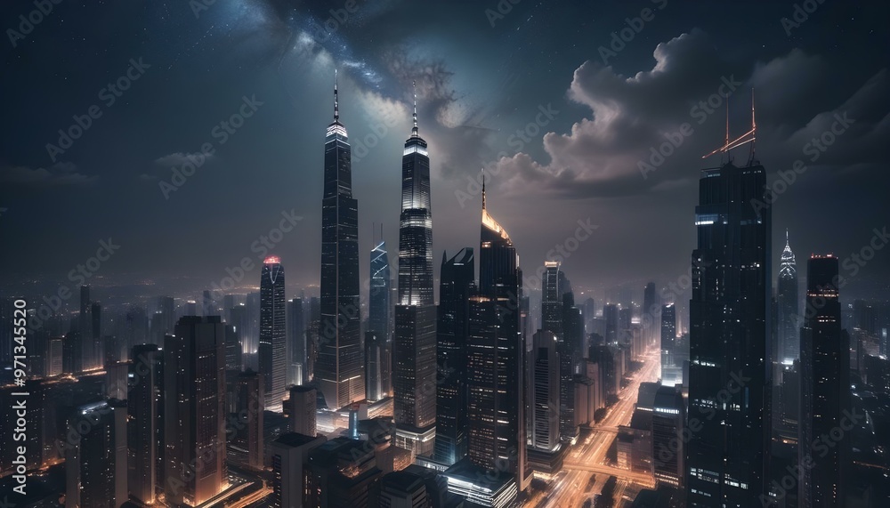 Obraz premium A bustling city skyline with modern high-rise build