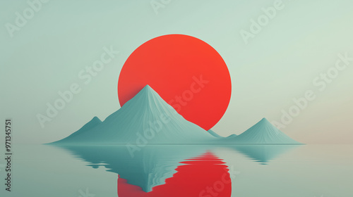 Simplistic scene of blue mountains reflected in a calm body of water with a large red sun in the background. The soft colors and smooth textures create a tranquil and surreal atmosphere. photo