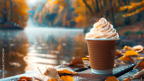 A cup of hot chocolate or coffee topped with whipped cream, sitting on a wooden terrace overlooking an autumn park or forest photo