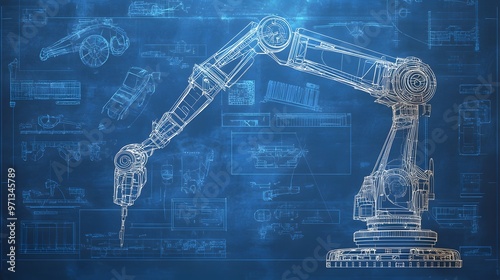 Blueprint of an industrial robotic arm design.