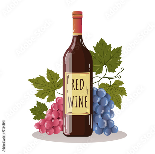 Red wine bottle vector illustration with bunch of grapes and leaves isolated on white background. purple and red colourful detailed label poster card web bar menu cellar still life Alcohol drink glass