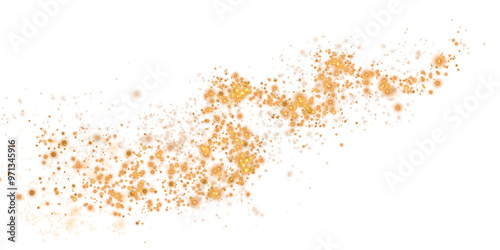 Golden glowing light effect with many glitter particles. Starry cloud with dust. Magic christmas decoration. Luminous bokeh softly shimmering golden light. Light abstract glowing lights. PNG.