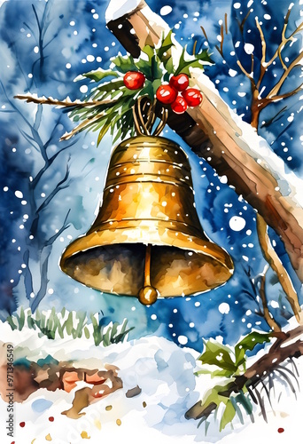 Golden bell attached to a wooden post vertical watercolor painting art photo