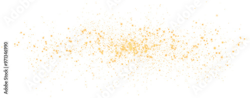 Golden glowing light effect with many glitter particles. Starry cloud with dust. Magic christmas decoration. Luminous bokeh softly shimmering golden light. Light abstract glowing lights. PNG.