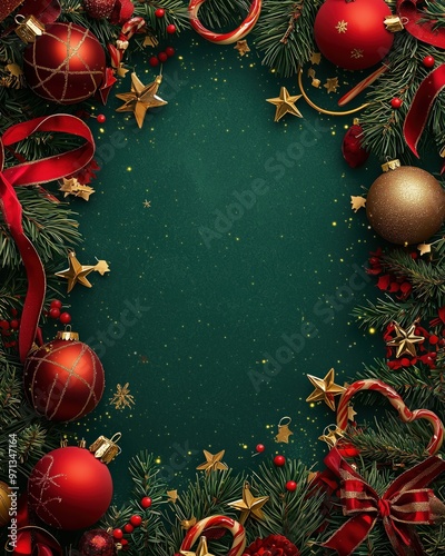 Festive arrangement of Christmas decorations with greenery, red ornaments, and gold stars on a teal background ready for holiday celebration