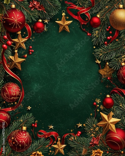 Festive Christmas decorations with red and gold ornaments arranged on a deep green background for holiday celebrations