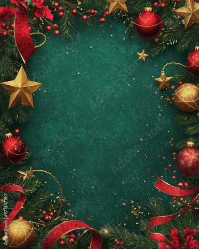 Festive holiday frame with red and gold decorations on a green background for seasonal greetings or invitations