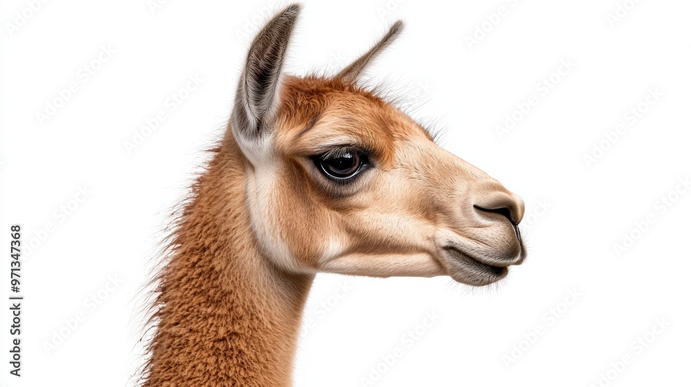 Obraz premium A close-up portrait of a guanaco, showcasing its expressive features and soft fur texture against a white background.