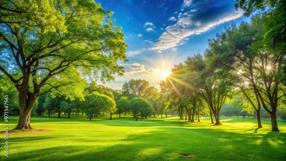 Obraz premium Vibrant sunny day in the park with lush green grass and trees