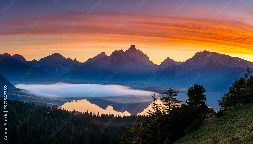 Fototapeta premium Beautiful scenery of a tranquil mountain range at sunrise, with mist gently rolling over the peaks and a serene