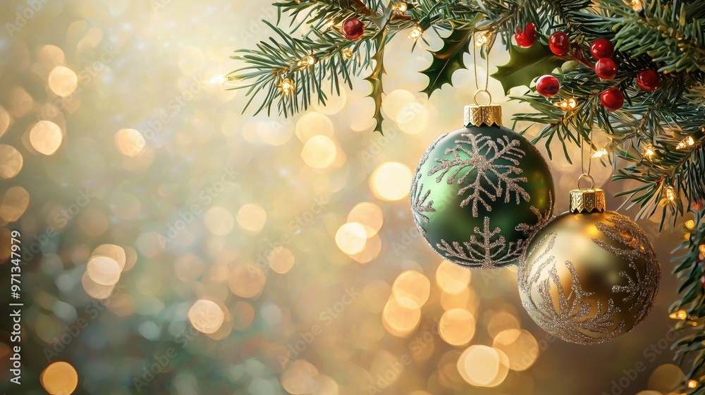 Decorative Christmas ornaments on a pine tree with soft golden lights in the background during the festive holiday season