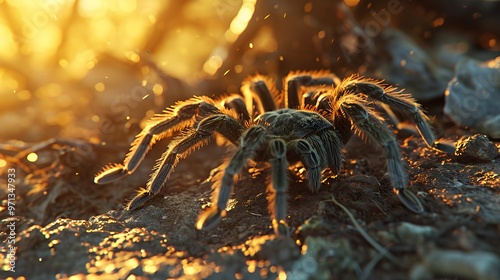 A tarantula spider with hairy legs is illuminated by the golden light of the setting sun. photo