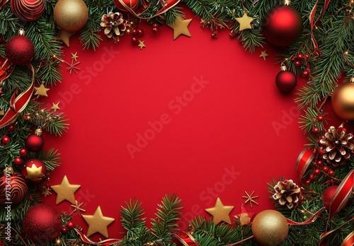 Festive Christmas decorations with red background featuring ornaments, gold stars, and pine branches for holiday celebration