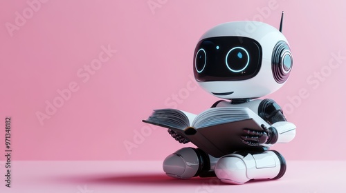 3D chat bot. Robot sits and reads books on pastel background