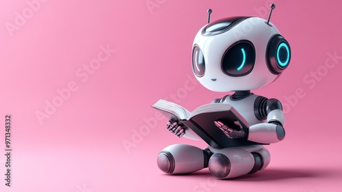 3D chat bot. Robot sits and reads books on pastel background