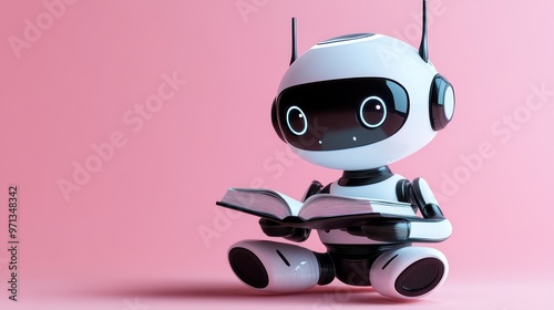 3D chat bot. Robot sits and reads books on pastel background