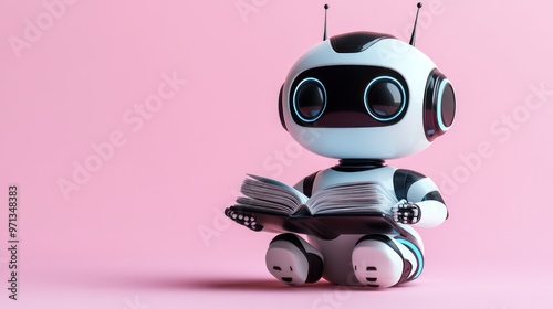 3D chat bot. Robot sits and reads books on pastel background