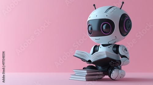 3D chat bot. Robot sits and reads books on pastel background