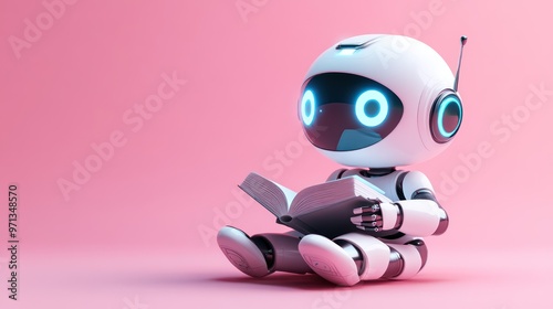 3D chat bot. Robot sits and reads books on pastel background
