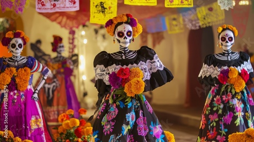 Colorful dia de los muertos celebrations with traditional catrinas in vibrant attire photo