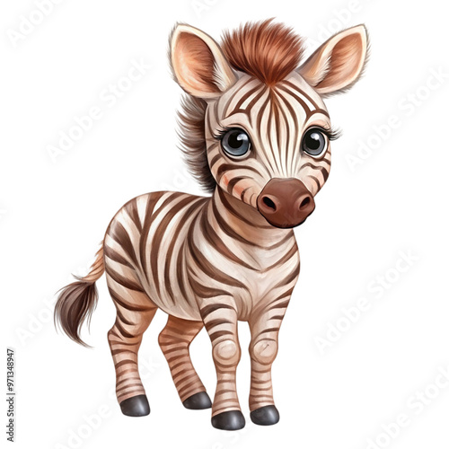 Cute portrait in cartoon style of a cute baby zebra Isolated on transparent background.