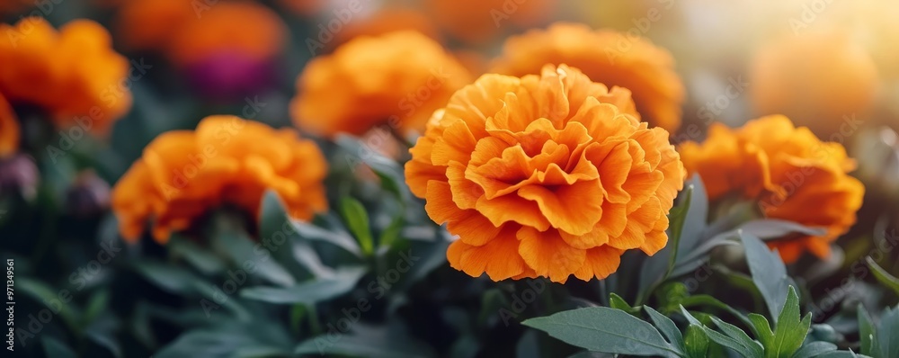Vibrant orange marigold flowers bloom in a sunny garden, showcasing their delicate petals and lush green foliage. Vibrant orange marigold flowers bloom in a sunny garden, showcasing their delicate petals and lush green foliage.
