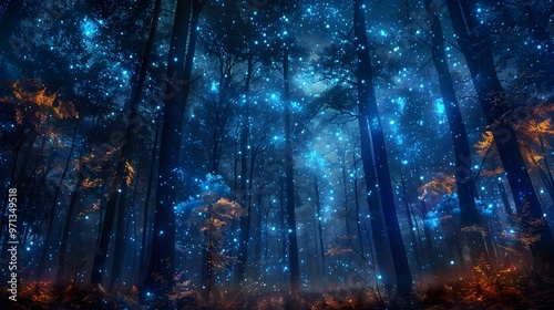 Bioluminescent Forest Under Starry Celestial Sky Blending Natural and Ethereal Lights