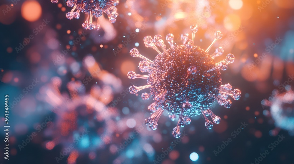 Virus particle close-up, depth of field emphasizing focus, soft light from behind with smooth background blur, tech-inspired environment Virus particle close-up, depth of field emphasizing focus, soft light from behind with smooth background blur, tech-inspired environment