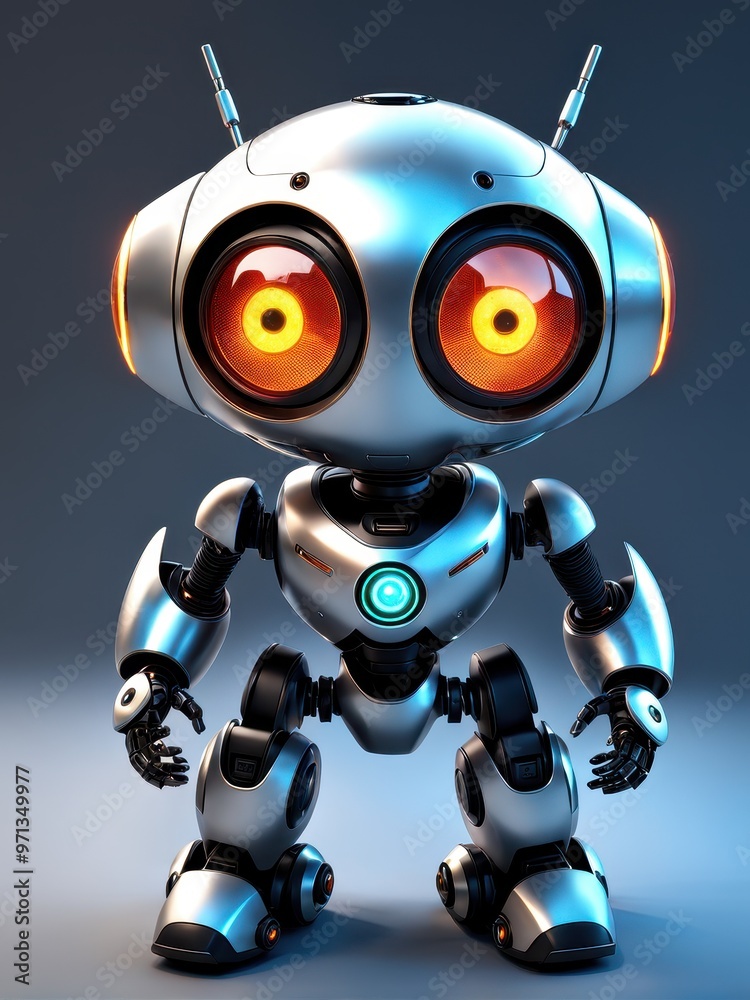 A cute, futuristic robot with large expressive eyes and a metallic body, designed for interaction. A cute, futuristic robot with large expressive eyes and a metallic body, designed for interaction.