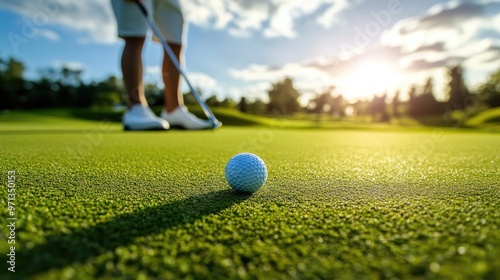 A professional golfer focusing on a long putt, with the ball inches away from the hole and the lush green stretching out behind. photo