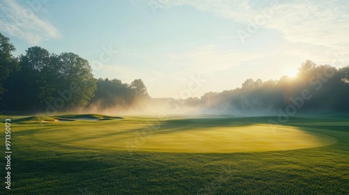 A serene shot of an empty golf course at sunrise, with perfectly cut fairways and a mist rising from a nearby water hazard.