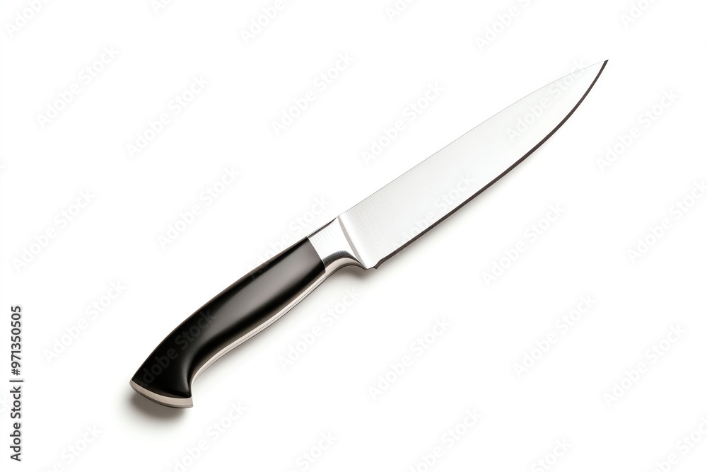 A sharp kitchen knife with a sleek black handle and stainless steel blade, perfect for food preparation and culinary tasks. A sharp kitchen knife with a sleek black handle and stainless steel blade, perfect for food preparation and culinary tasks.