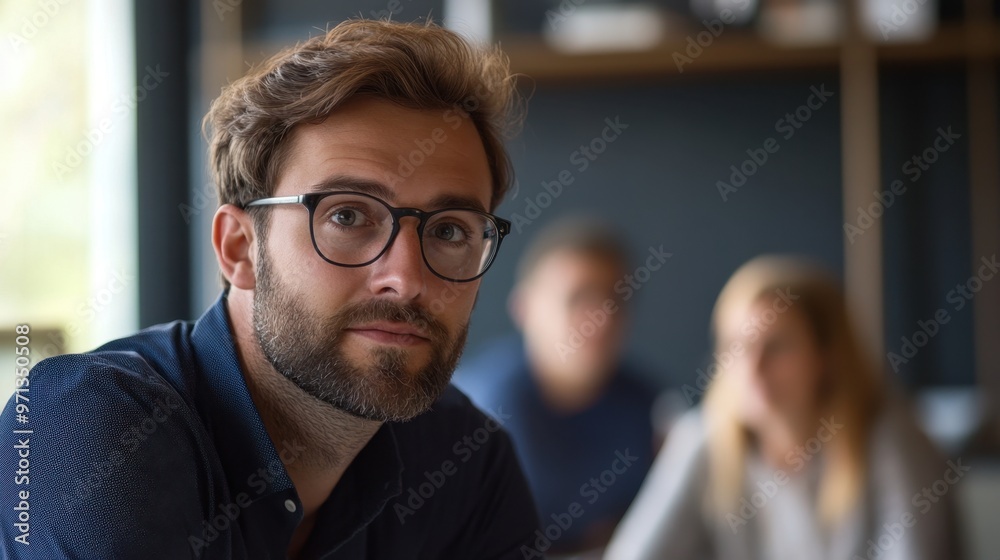 Millennial businessman in a modern office setting attentively listening to colleagues during a meeting collaborative decision-making process team discussion professional attire natural lighting Millennial businessman in a modern office setting attentively listening to colleagues during a meeting collaborative decision-making process team discussion professional attire natural lighting
