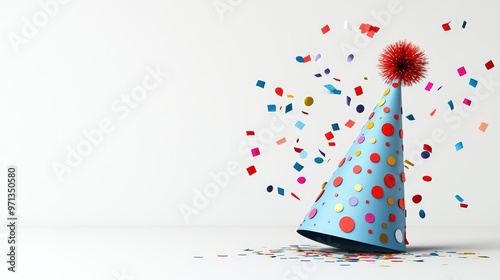 A festive party hat surrounded by colorful confetti, perfect for celebrating birthdays and joyful occasions. photo