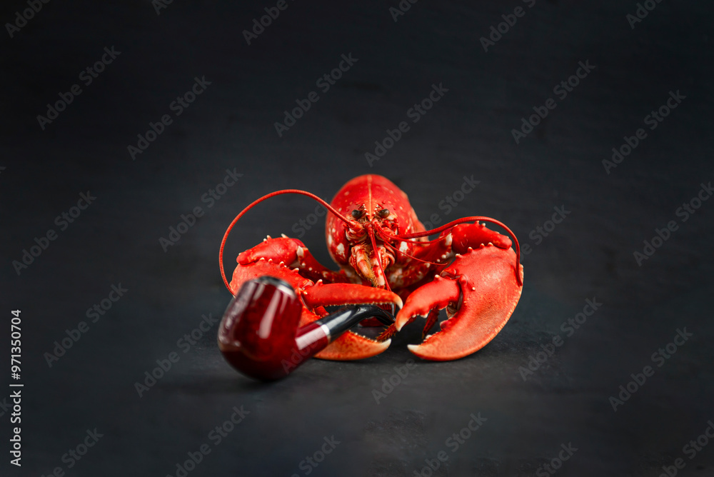 red crayfish holding a smoking pipe in its claw on a dark background red crayfish holding a smoking pipe in its claw on a dark background