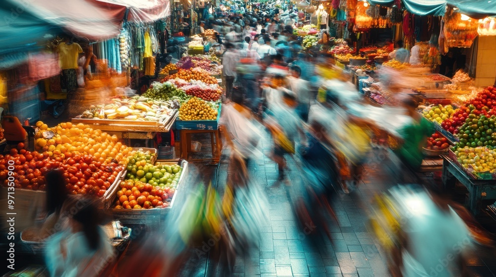 Naklejka premium Striking dynamic photo of a bustling market scene with people and stalls in motion and vivid colors