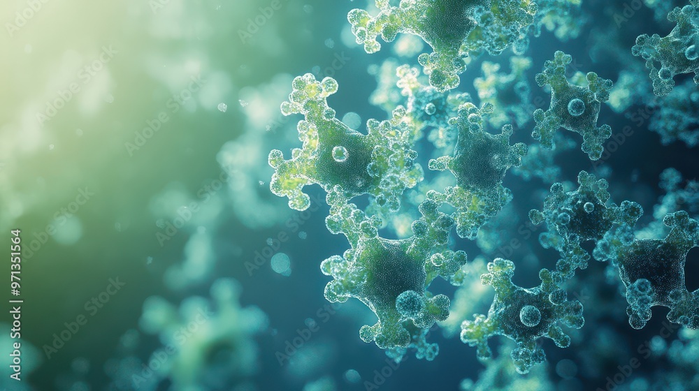 Virus-like digital particles entering a virtual environment, close-up view, depth of field effect, blurred soft blue and green background, resembling biological cells. Virus-like digital particles entering a virtual environment, close-up view, depth of field effect, blurred soft blue and green background, resembling biological cells.