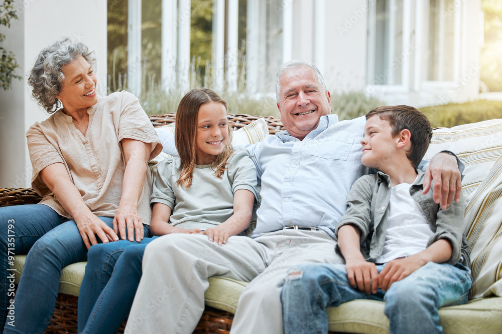 Grandparents, kids and happy in patio on sofa at home for bonding, support and care in England. People, family and outside with smile in portrait on visit as babysitter for break, relax and rest Grandparents, kids and happy in patio on sofa at home for bonding, support and care in England. People, family and outside with smile in portrait on visit as babysitter for break, relax and rest