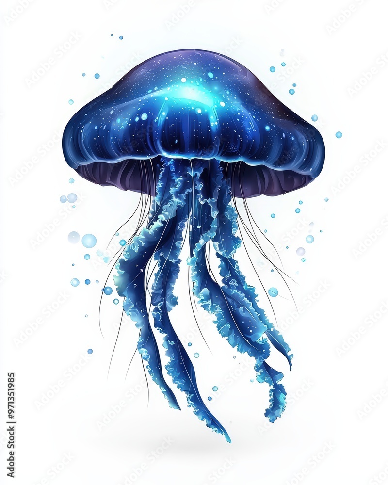 Fototapeta premium A mesmerizing blue jellyfish floats gracefully, surrounded by bubbly water, showcasing its ethereal beauty in a vibrant aquatic scene.