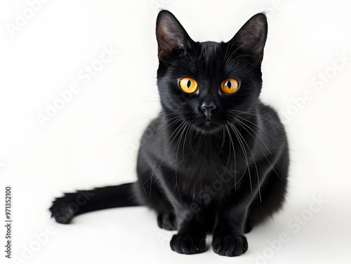 black cat sitting confidently with striking golden eyes, isolated on white background