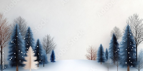 Winter Wonderland Landscape Illustrating Snowy Pine Trees and Bare Branches with Frosty Atmosphere for Holiday Decor and Seasonal Greeting Cards photo
