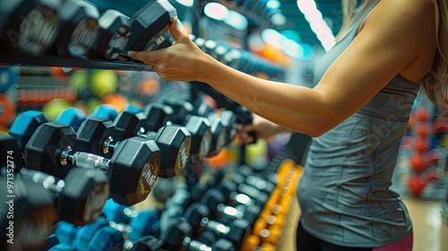 Woman Choosing Dumbbells In Fitness Store