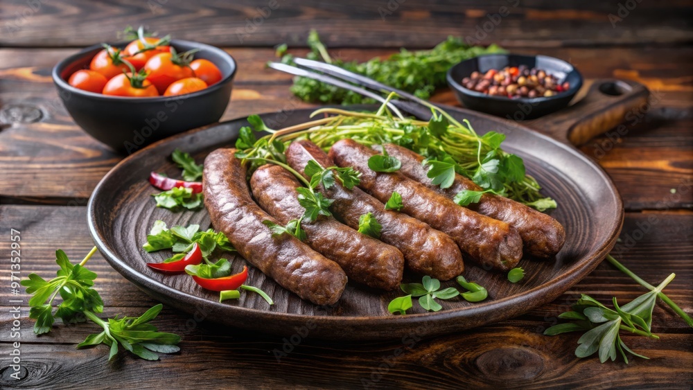 Traditional South European skinless sausages (cevapcici) served on a black plate with thyme and watercress salad on a dark wooden board Traditional South European skinless sausages (cevapcici) served on a black plate with thyme and watercress salad on a dark wooden board